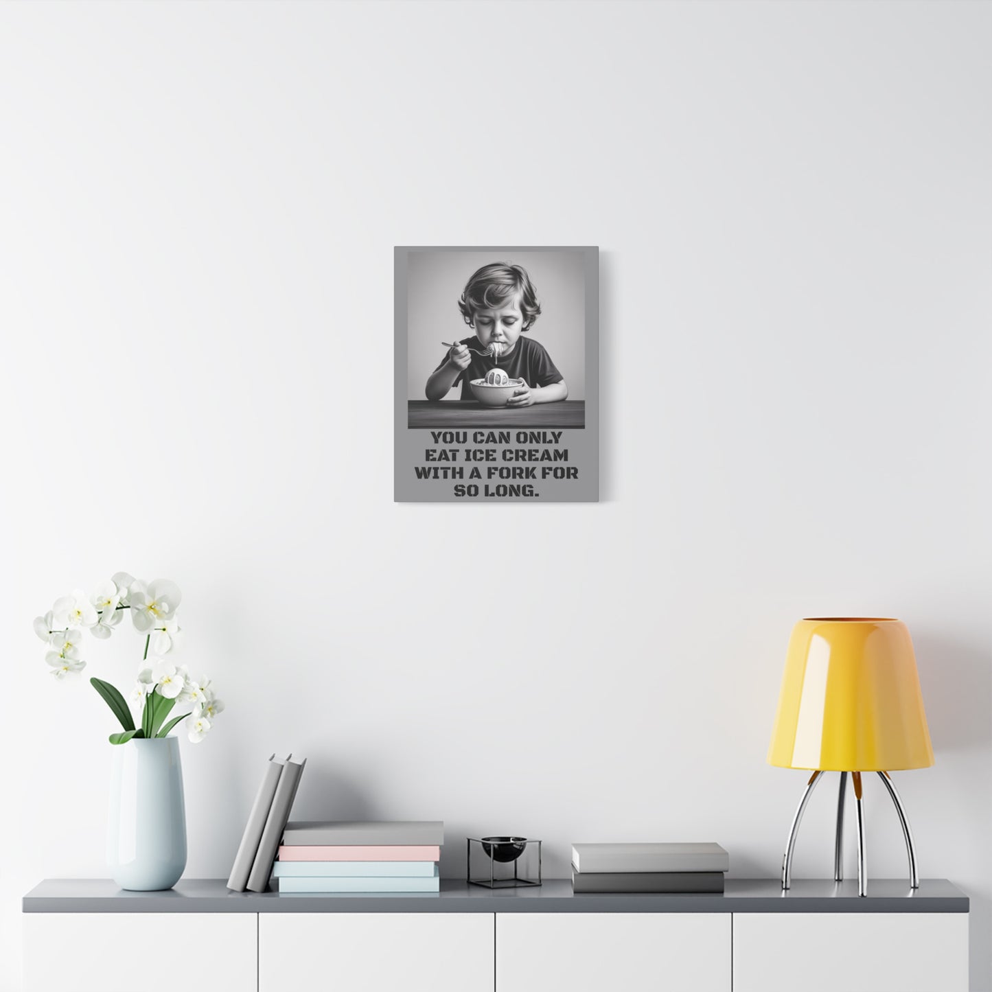 Canvas Print, Sad Child Eating Ice Cream with a Fork, Inspirational Quote, Wall Art Decor, Home Decor, Gift for Ice Cream Lovers, Matte