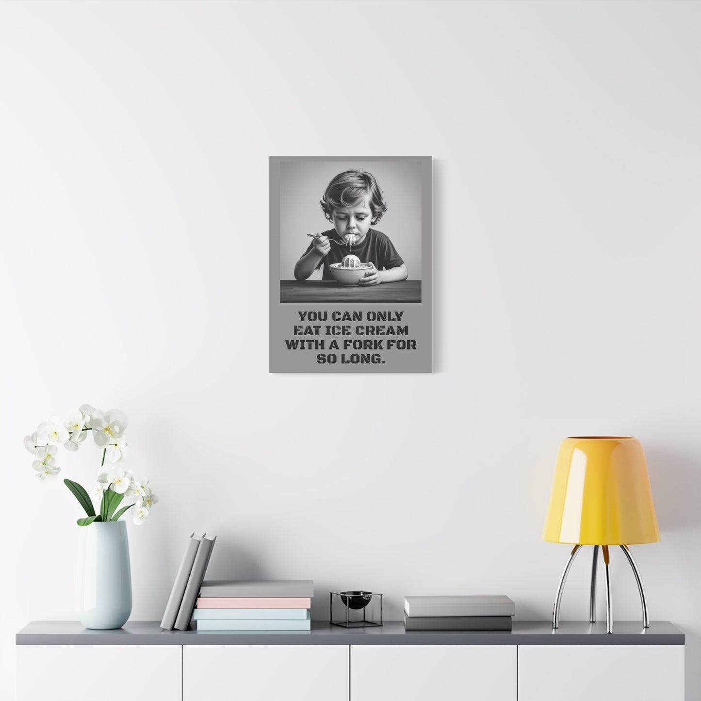 Canvas Print, Sad Child Eating Ice Cream with a Fork, Inspirational Quote, Wall Art Decor, Home Decor, Gift for Ice Cream Lovers, Matte