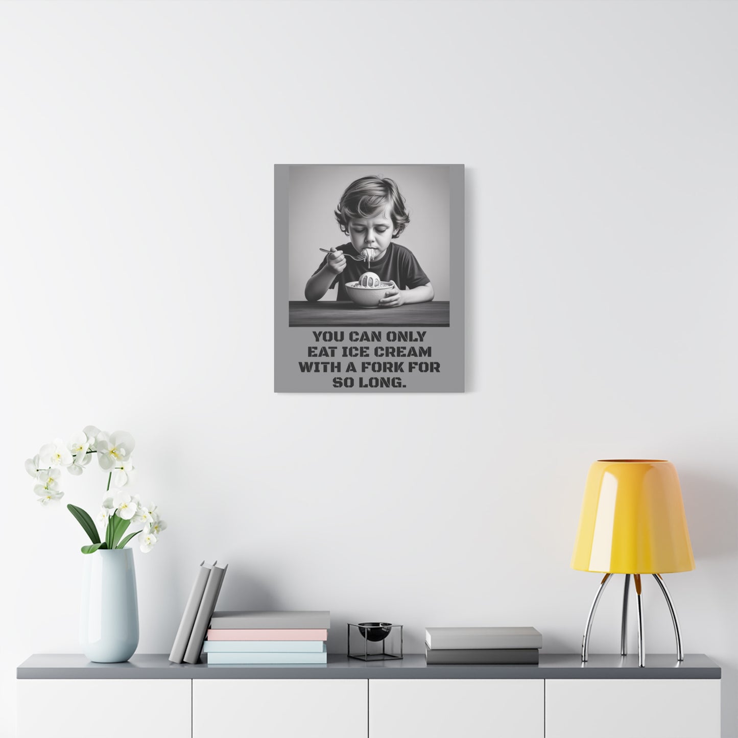 Canvas Print, Sad Child Eating Ice Cream with a Fork, Inspirational Quote, Wall Art Decor, Home Decor, Gift for Ice Cream Lovers, Matte