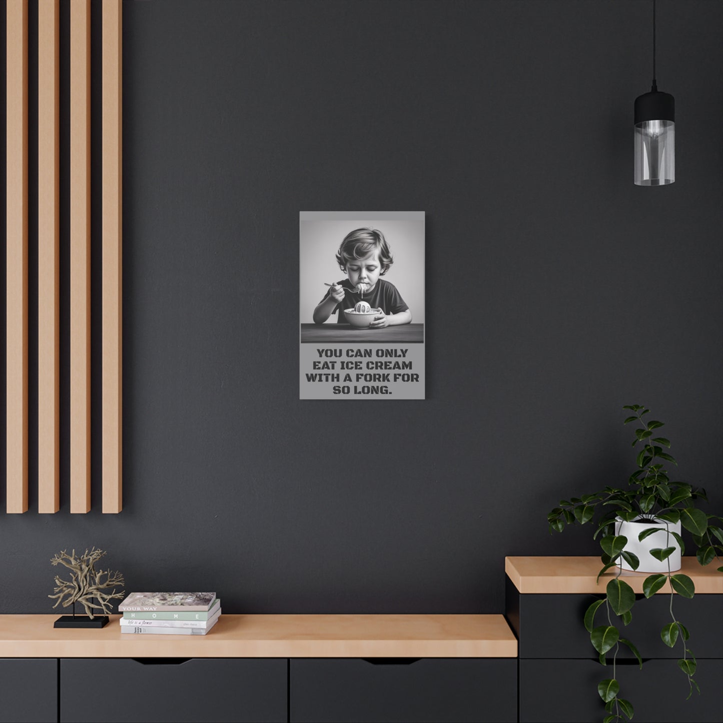 Canvas Print, Sad Child Eating Ice Cream with a Fork, Inspirational Quote, Wall Art Decor, Home Decor, Gift for Ice Cream Lovers, Matte