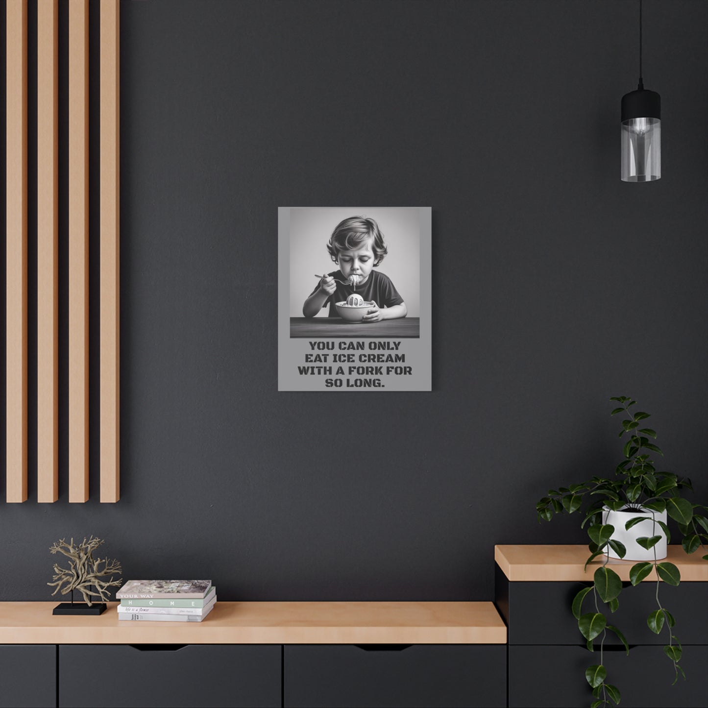 Canvas Print, Sad Child Eating Ice Cream with a Fork, Inspirational Quote, Wall Art Decor, Home Decor, Gift for Ice Cream Lovers, Matte