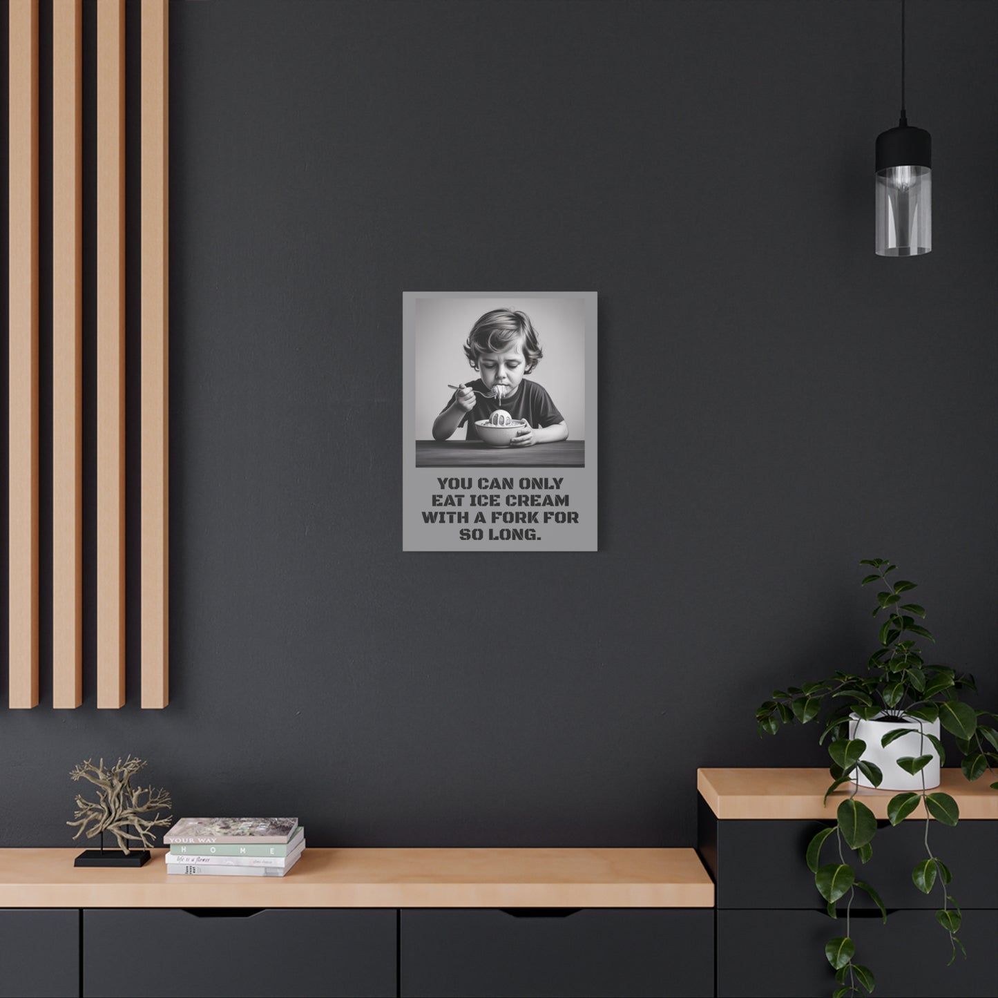 Canvas Print, Sad Child Eating Ice Cream with a Fork, Inspirational Quote, Wall Art Decor, Home Decor, Gift for Ice Cream Lovers, Matte