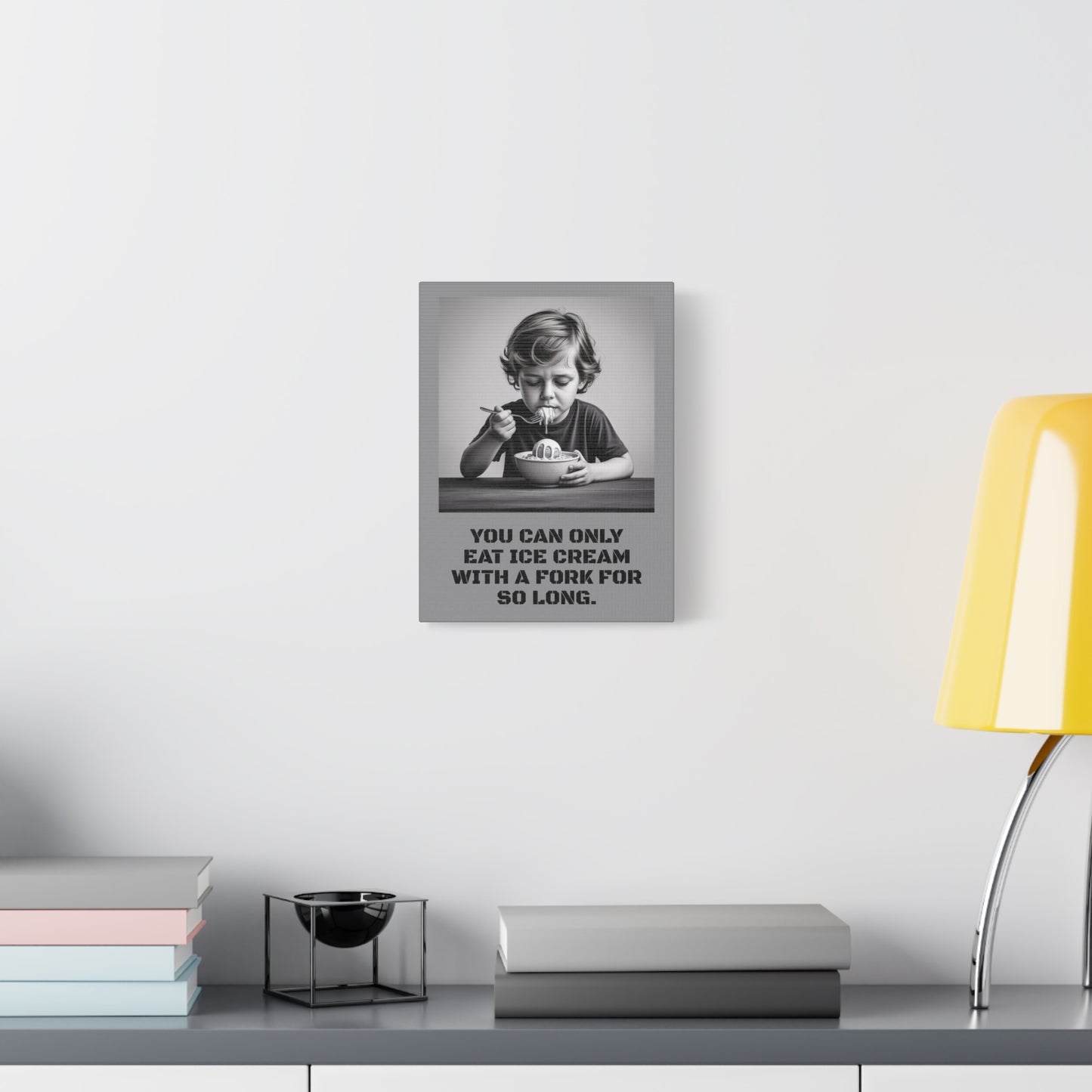Canvas Print, Sad Child Eating Ice Cream with a Fork, Inspirational Quote, Wall Art Decor, Home Decor, Gift for Ice Cream Lovers, Matte