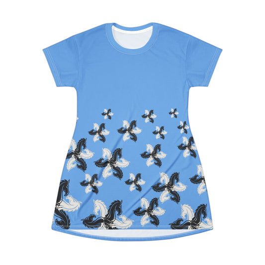 Blue GIFTid HorseFlower T-Shirt Dress, Casual Summer Dress, Boho Style Dress, Relaxed Wear, Perfect Gift for Her