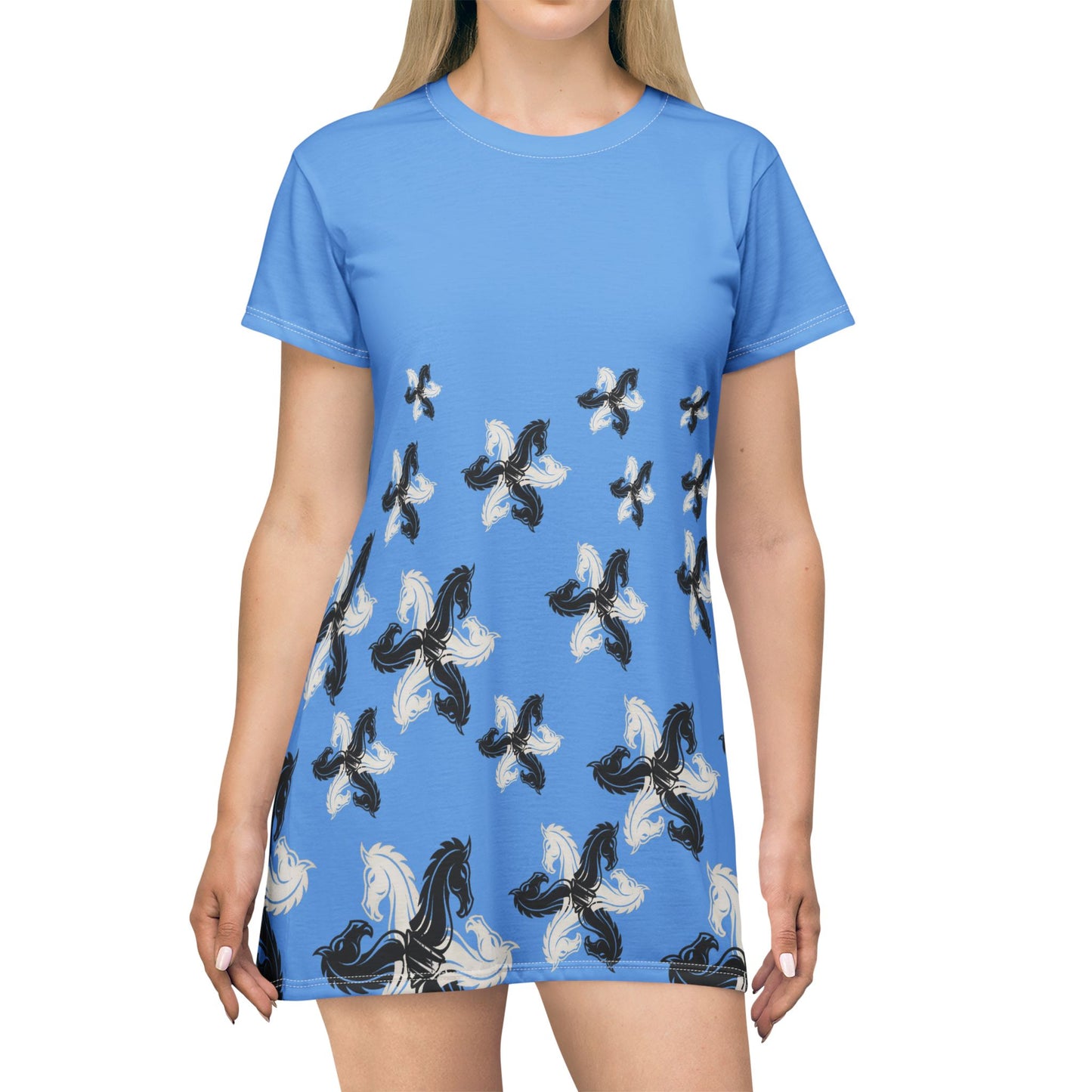 Blue GIFTid HorseFlower T-Shirt Dress, Casual Summer Dress, Boho Style Dress, Relaxed Wear, Perfect Gift for Her