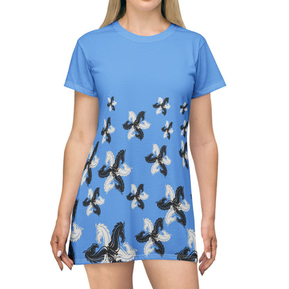 Blue GIFTid HorseFlower T-Shirt Dress, Casual Summer Dress, Boho Style Dress, Relaxed Wear, Perfect Gift for Her