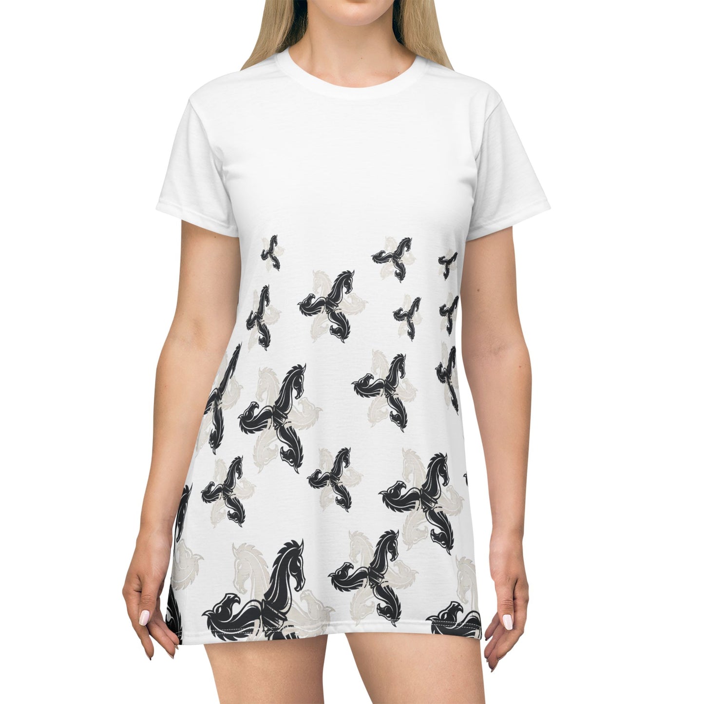 White GIFTid HorseFlower T-Shirt Dress, Casual Summer Dress, Boho Style Dress, Relaxed Wear, Perfect Gift for Her
