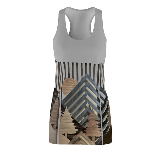 Mountain About Grey Racerback Dress with Nature-Inspired Design, Casual Summer Wear, Outdoor Events, Vacation Essential, Eco-Friendly Fashion