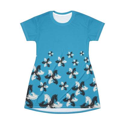 Turquois GIFTid HorseFlowerT-Shirt Dress, Casual Summer Dress, Boho Style Dress, Relaxed Wear, Perfect Gift for Her
