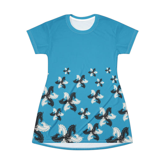 Turquois GIFTid HorseFlowerT-Shirt Dress, Casual Summer Dress, Boho Style Dress, Relaxed Wear, Perfect Gift for Her