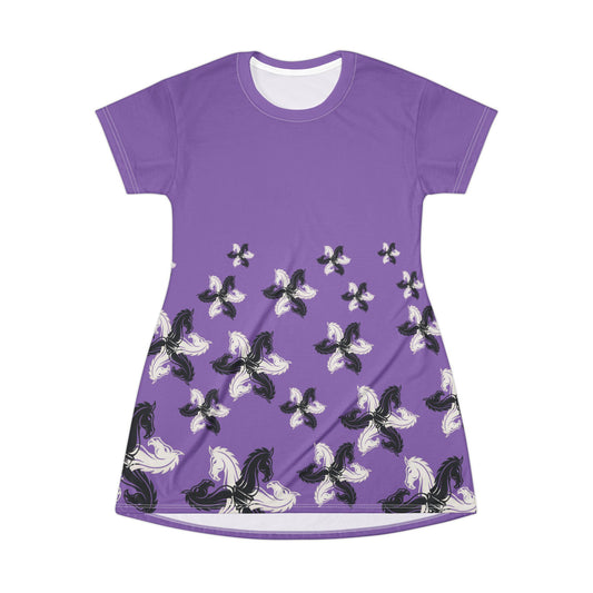 Purple GIFTid HorseFlower T-Shirt Dress, Casual Summer Dress, Boho Style Dress, Relaxed Wear, Perfect Gift for Her