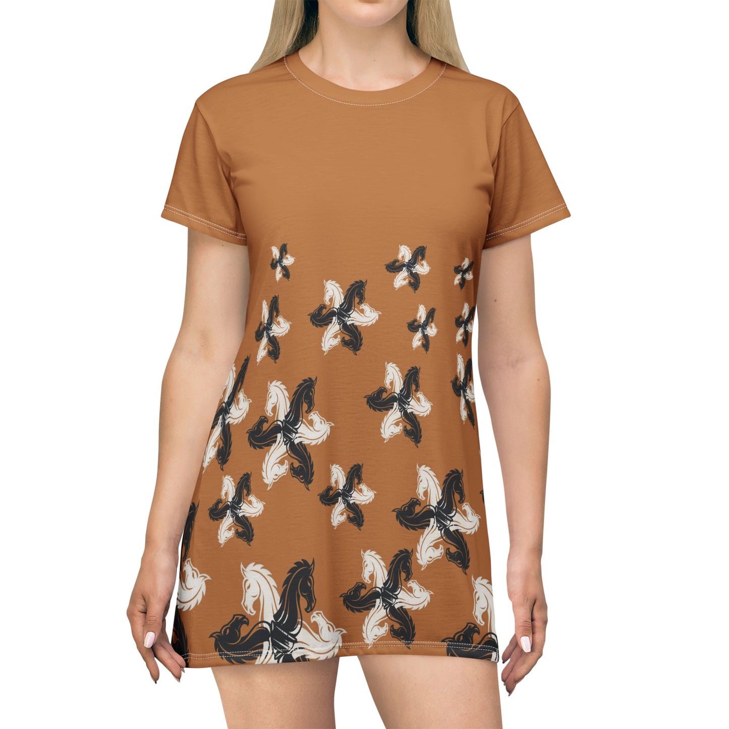 Light Brown GIFTid HorseFlower T-Shirt Dress, Casual Summer Dress, Boho Style Dress, Relaxed Wear, Perfect Gift for Her