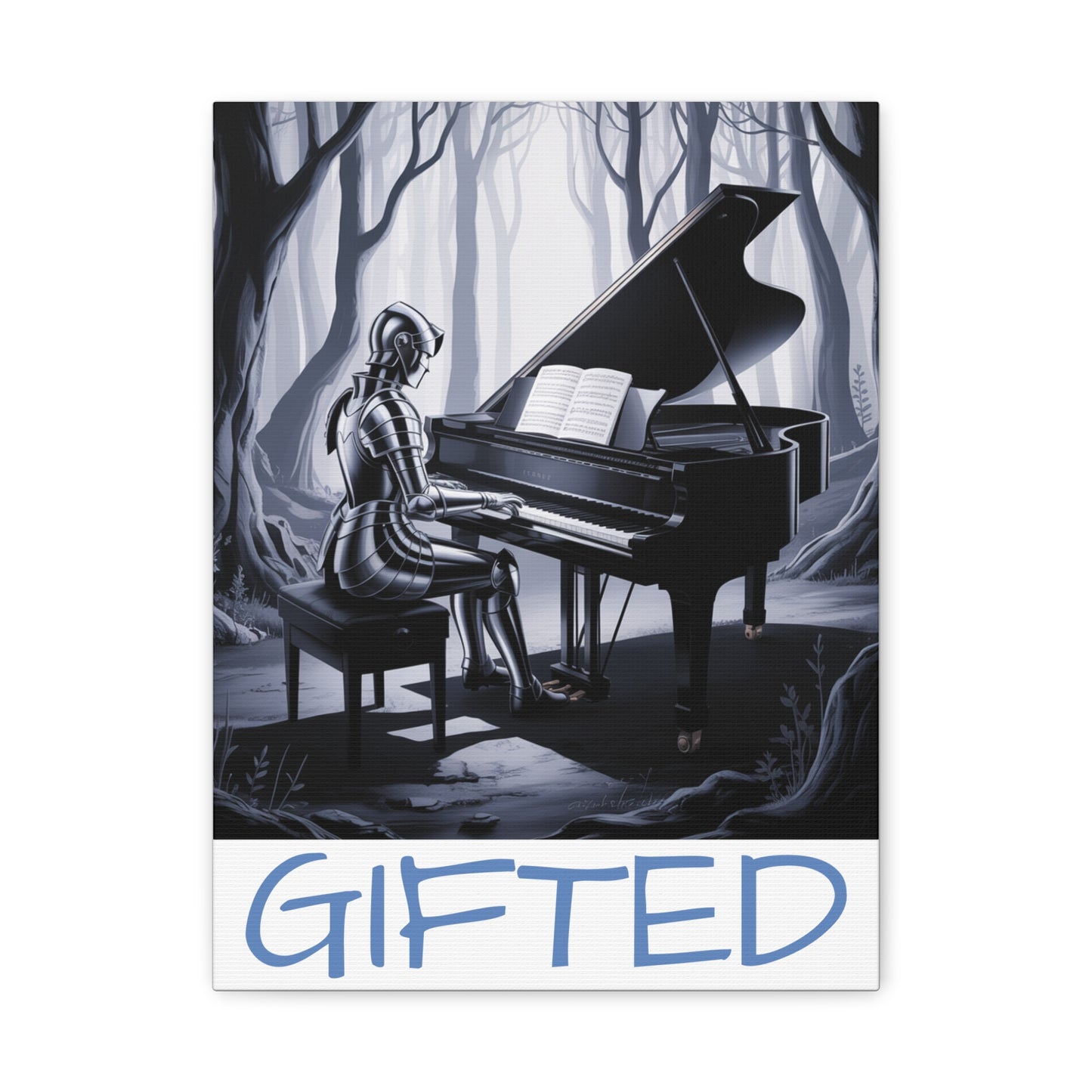 Canvas Print, Female Knight Playing Piano in Dark Forest, GIFTED, Wall Art Decor, Medieval Decor, Fantasy Artwork, Musician Gift, Home