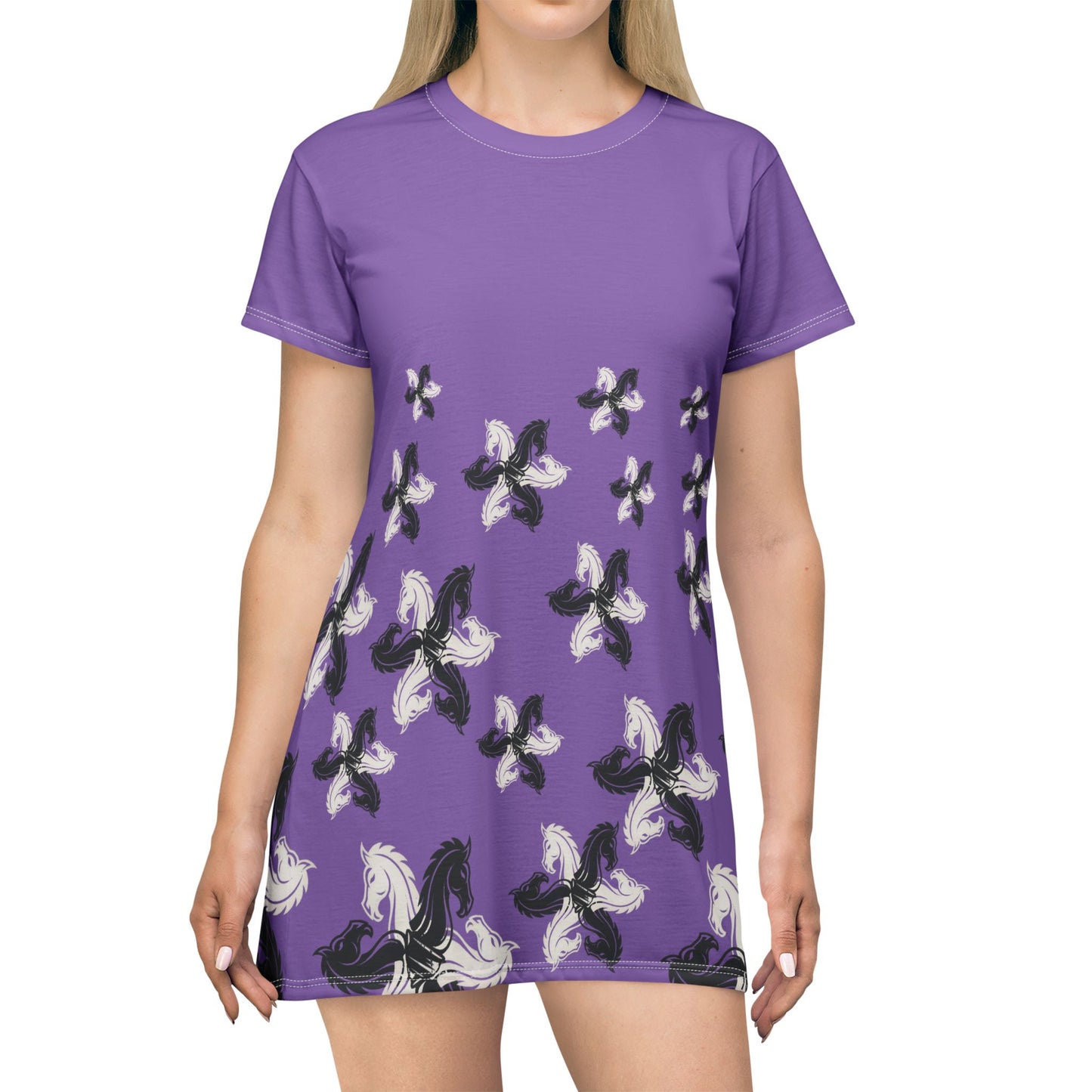 Purple GIFTid HorseFlower T-Shirt Dress, Casual Summer Dress, Boho Style Dress, Relaxed Wear, Perfect Gift for Her