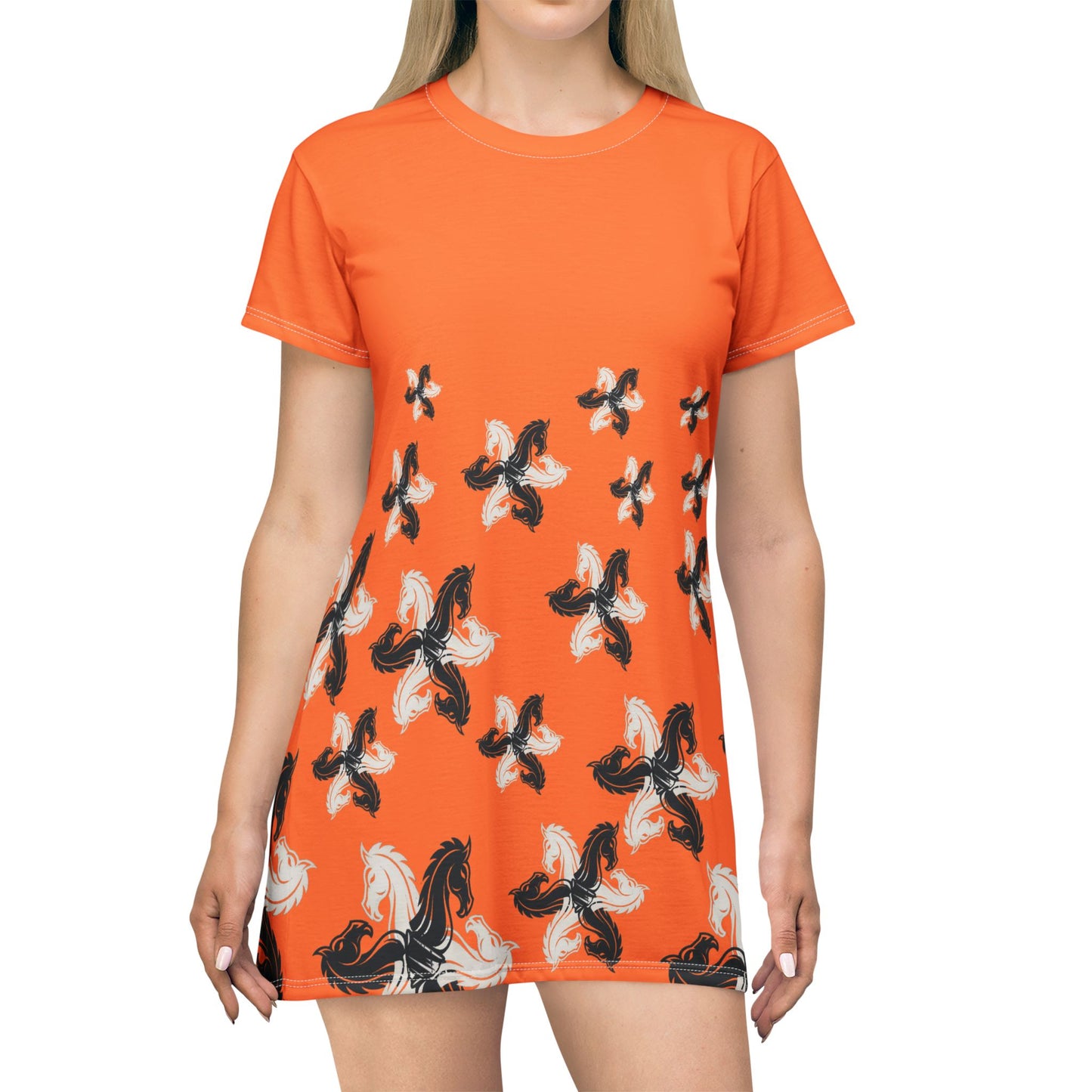 Orange GIFTid HorseFlower T-Shirt Dress, Casual Summer Dress, Boho Style Dress, Relaxed Wear, Perfect Gift for Her
