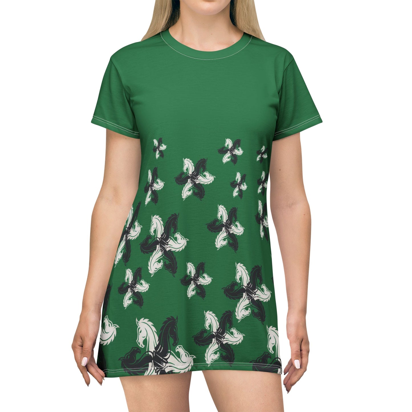 Green GIFTid HorseFlower T-Shirt Dress, Casual Summer Dress, Boho Style Dress, Relaxed Wear, Perfect Gift for Her