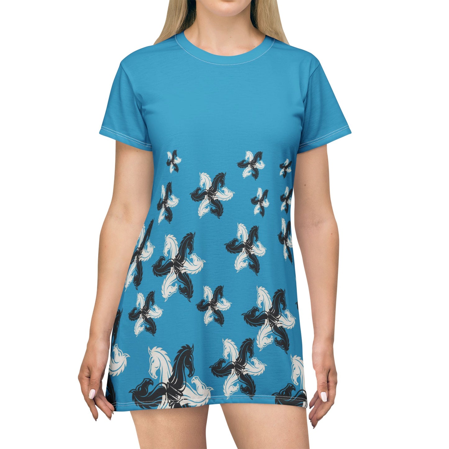Turquois GIFTid HorseFlowerT-Shirt Dress, Casual Summer Dress, Boho Style Dress, Relaxed Wear, Perfect Gift for Her