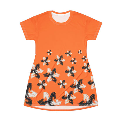 Orange GIFTid HorseFlower T-Shirt Dress, Casual Summer Dress, Boho Style Dress, Relaxed Wear, Perfect Gift for Her