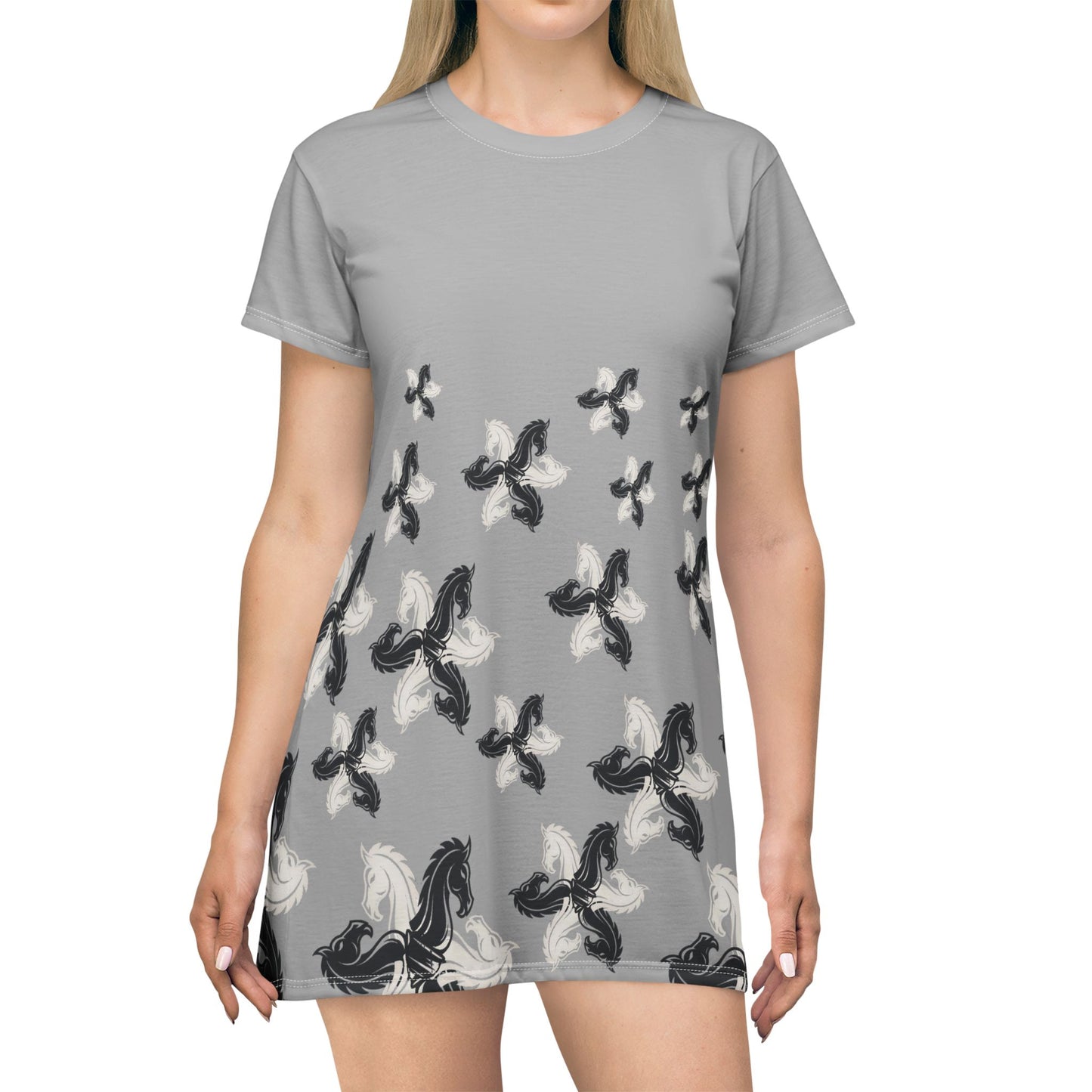 Grey GIFTid HorseFlower T-Shirt Dress, Casual Summer Dress, Boho Style Dress, Relaxed Wear, Perfect Gift for Her