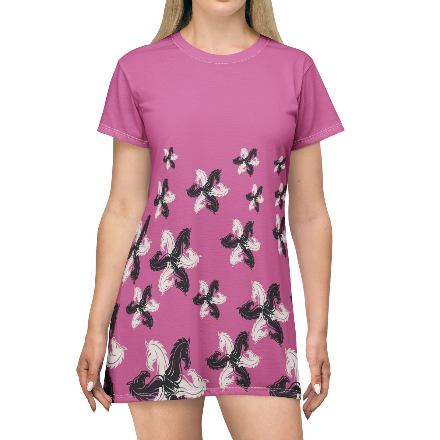 Pink GIFTid HorseFlower T-Shirt Dress, Casual Summer Dress, Boho Style Dress, Relaxed Wear, Perfect Gift for Her