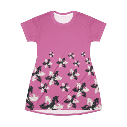 Pink GIFTid HorseFlower T-Shirt Dress, Casual Summer Dress, Boho Style Dress, Relaxed Wear, Perfect Gift for Her