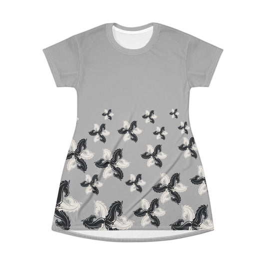 Grey GIFTid HorseFlower T-Shirt Dress, Casual Summer Dress, Boho Style Dress, Relaxed Wear, Perfect Gift for Her