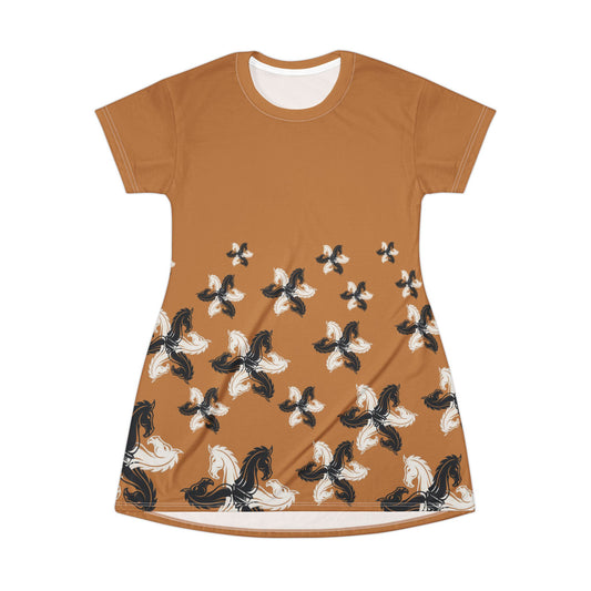 Light Brown GIFTid HorseFlower T-Shirt Dress, Casual Summer Dress, Boho Style Dress, Relaxed Wear, Perfect Gift for Her
